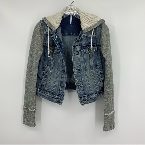 Free People Jackets & Blazers - Free People Denim and Knit Blue Gray Hoodie Jacket Size XS